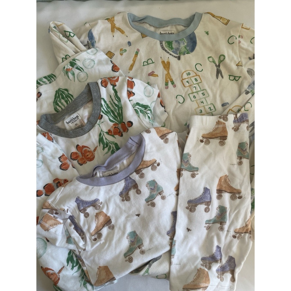 LOT Of 3 Organic Cotton Burts Bees Snug Fit Unisex Pajamas Fish Sz 6 & 8 Year
